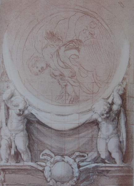 Design for an Architectural Decoration: Two Boys Holding up a Circular Frame within which is a sketch of the Virgin in Glory